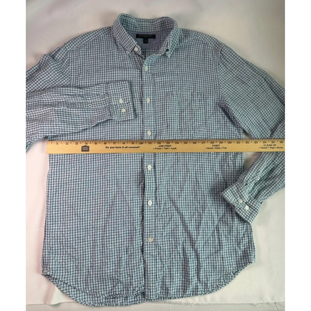 Banana Republic Slim Fit Linen Blend Men Sz L Blue L/s Button Down Plaid‎ Check